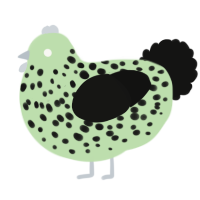 A gluppy and black chicken with a speckle pattern