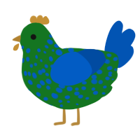 A leaf and ultramarine chicken with a speckle pattern
