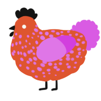 A vermilion and orchid chicken with a speckle pattern