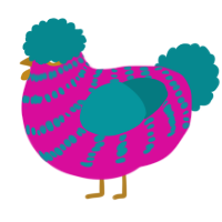 A fuchsia and teal chicken with a bar pattern