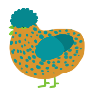 A orange and teal chicken with a speckle pattern