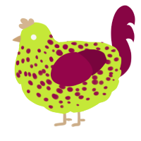 A lime and maroon chicken with a speckle pattern
