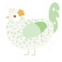 A white and gluppy chicken with a speckle pattern