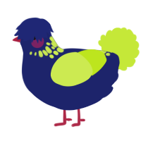 A navy and lime chicken with a neck-speckle pattern