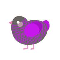 Devil, a grey and amethyst chicken with a speckle pattern