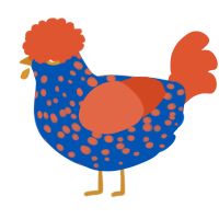 A ultramarine and vermilion chicken with a speckle pattern