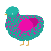 A turquoise and fuchsia chicken with a speckle pattern