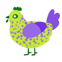 A lime and blurple chicken with a speckle pattern