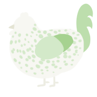 A white and gluppy chicken with a speckle pattern