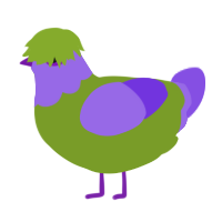 A chartreuse and blurple chicken with a head pattern