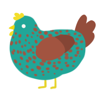 A turquoise and russet chicken with a speckle pattern