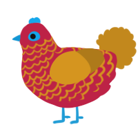 A crimson and ochre chicken with a lace pattern