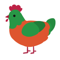 KATSUKI, a vermilion and viridian chicken with a head pattern