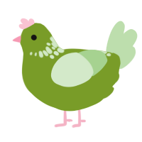 A chartreuse and gluppy chicken with a neck-speckle pattern