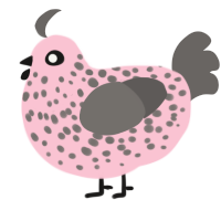 A rose and grey chicken with a speckle pattern