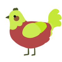 A red and lime chicken with a head pattern
