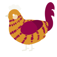 A orange and maroon chicken with a bar pattern