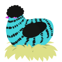 A aqua and black chicken with a bar pattern