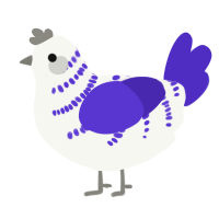 A white and indigo chicken with a half-bar pattern