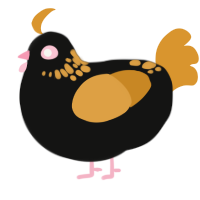 A black and orange chicken with a neck-speckle pattern