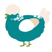 A teal and cream chicken with a neck-speckle pattern