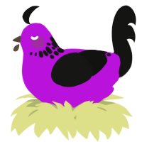 A amethyst and black chicken with a neck-speckle pattern