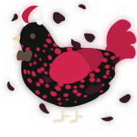 A black and crimson chicken with a speckle pattern