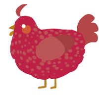 A crimson and red chicken with a speckle pattern