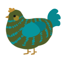 A olive and teal chicken with a bar pattern