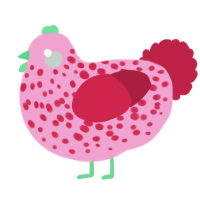 A pink and crimson chicken with a speckle pattern