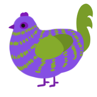 A blurple and chartreuse chicken with a bar pattern