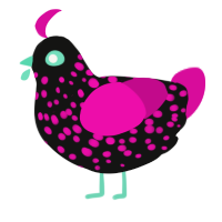 A black and fuchsia chicken with a speckle pattern