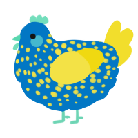 A sapphire and yellow chicken with a speckle pattern