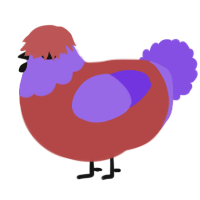A red and blurple chicken with a head pattern