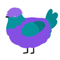 A blurple and teal chicken with a head pattern