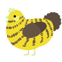 A yellow and bark chicken with a bar pattern