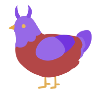 A red and blurple chicken with a head pattern