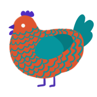 A vermilion and teal chicken with a lace pattern