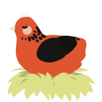 A vermilion and black chicken with a neck-speckle pattern