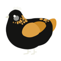 A black and orange chicken with a neck-speckle pattern
