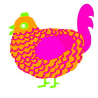 A ochre and fuchsia chicken with a lace pattern
