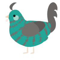 A turquoise and grey chicken with a bar pattern