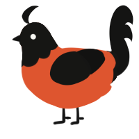 A vermilion and black chicken with a head pattern