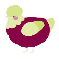 A maroon and lemon chicken with a head pattern