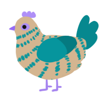 A beige and teal chicken with a bar pattern