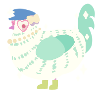 A lemon and turquoise chicken with a bar pattern