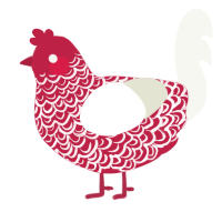 A crimson and white chicken with a double-lace pattern