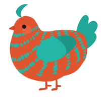 A vermilion and turquoise chicken with a bar pattern
