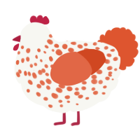 A white and vermilion chicken with a speckle pattern