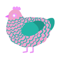 A pink and turquoise chicken with a lace pattern
